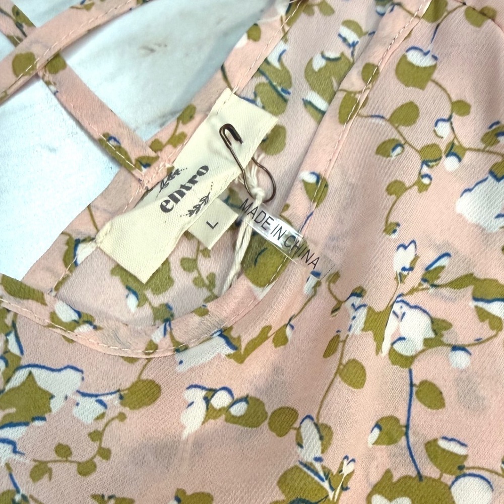 Entro Pink Floral Bell Sleeve Strappy V-Neck Pleated Blouse Top T6341 New L - Picture 6 of 8